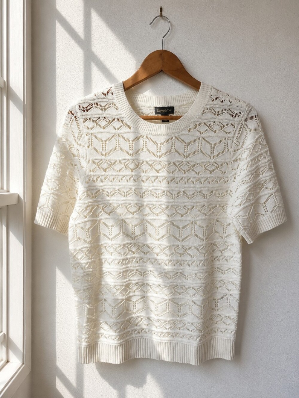 Style & Co Pointelle Knit Sweater Ivory Short Sleeve 100% Cotton Size M